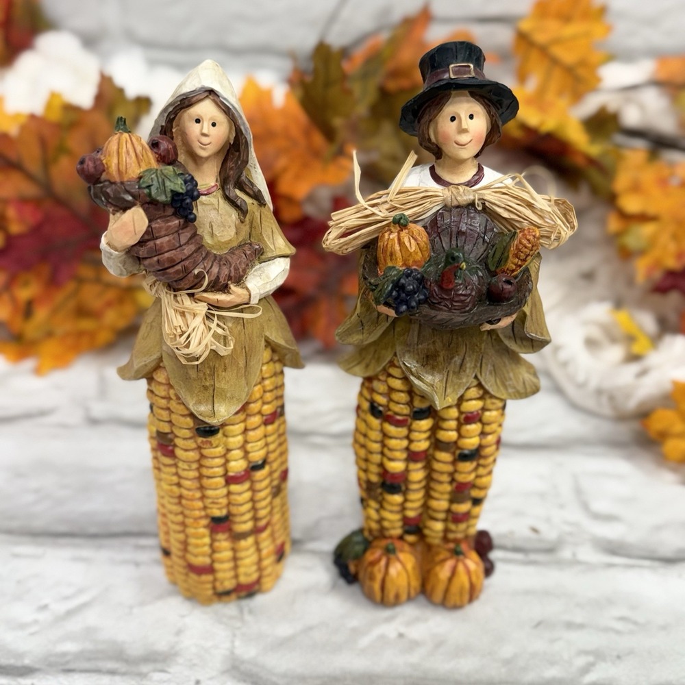 Vtg Thanksgiving Pilgrim Couple Folk Art Hand Painted Autumn Table Top Figurines
